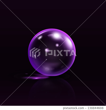 Realistic 3D glass ball with lilac glares, vector volume violet crystal bubble transparent sphere with reflection shadow 138844608