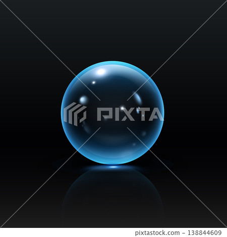 A transparent blue glass sphere with bright highlights and a soft glow on a black background. 138844609