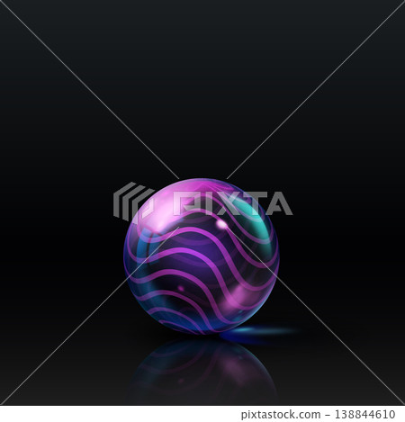Realistic 3D glass ball with purple striped pattern and glares, vector transparent volume sphere holographic effect 138844610