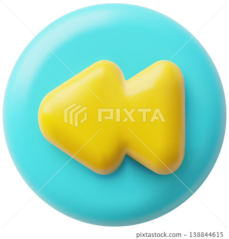 A round blue 3D button with a double yellow left arrow icon. 138844615
