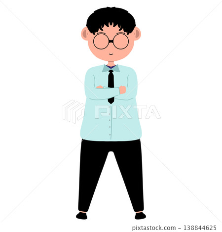 Cartoon Illustration of a Standing Office Worker Man with Glasses and Crossed Arms 138844625