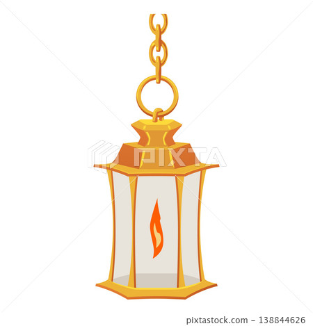 Vintage lantern with burning candle hanging on a chain, vector flat ceiling lamp with gold lampshade, antique chandelier Vintage lantern with burning candle hanging on a chain, vector flat ceiling lamp with gold lampshade, antique chandelier 138844626