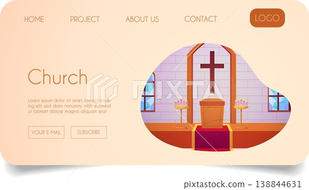 A website page featuring a church interior, altar, cross, and candles. A website page featuring a church interior, altar, cross, and candles. 138844631