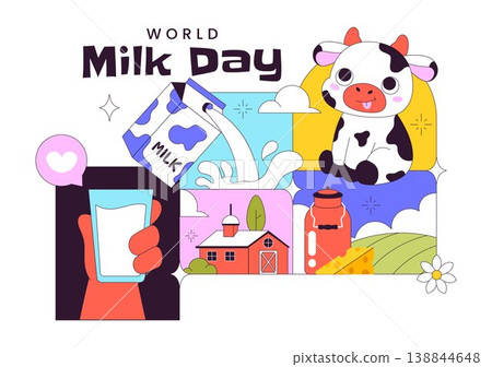 World Milk Day Vector Illustration Fresh Dairy Concept With Cow Farm Milk Bottle Cheese And Healthy Nutrition Theme For Celebration Design 138844648