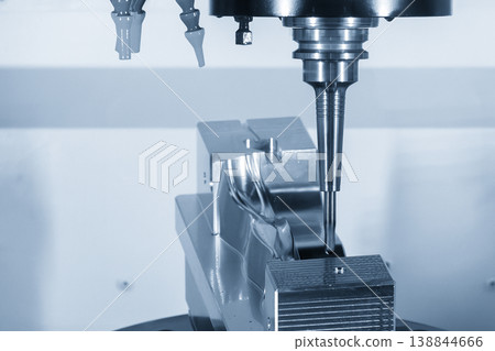 High-precision 5-axis CNC milling process finishing a complex shoe mold with a solid ball nose end mill. 138844666