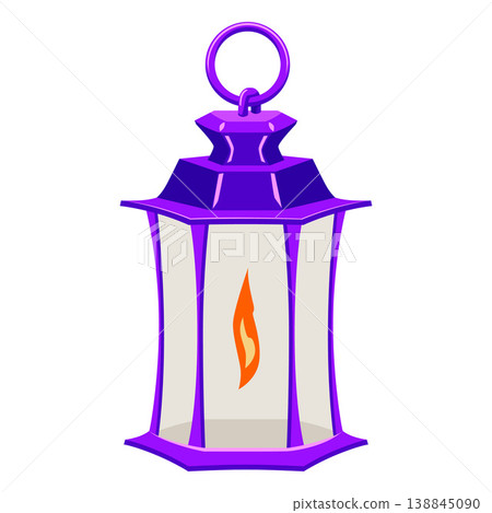 Vintage magic lantern with burning candle, vector cartoon antique hanging lighting device, medieval kerosene purple lamp Vintage magic lantern with burning candle, vector cartoon antique hanging lighting device, medieval kerosene purple lamp 138845090