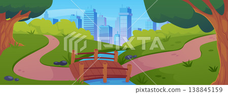 City Park with river and wooden bridge, lawn with pond, trees and cityscape with skyscrapers vector flat background City Park with river and wooden bridge, lawn with pond, trees and cityscape with skyscrapers vector flat background 138845159