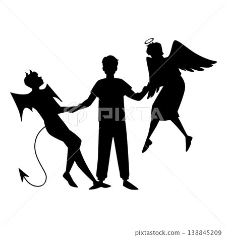 Confused man with devil and angel pulling hands in different directions, frustrated guy feel doubtful black silhouette Confused man with devil and angel pulling hands in different directions, frustrated guy feel doubtful black silhouette 138845209