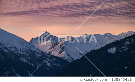 Sunset over mountains and spruce forest in Alps, Austria Sunset over mountains and spruce forest in Alps, Austria 138845438