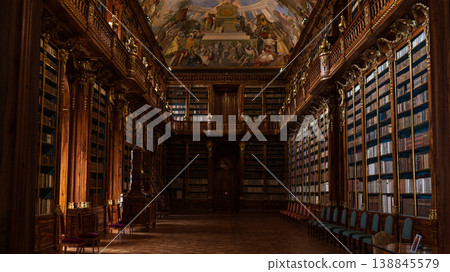 PRAGUE, CZECH REPUBLIC MARCH 24 , 2026. The classic library at the Strahov Monastery in Prague is filled with books on the wooden shelves. 138845579