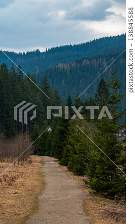 Scenic Mountain Landscape with Forest Trail, River and Rock Formations in Czech Republic Scenic Mountain Landscape with Forest Trail, River and Rock Formations in Czech Republic 138845588