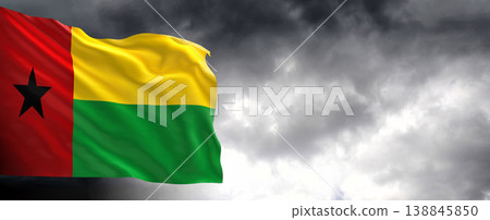 National flag of Guinea-Bissau with dark clouds, 3D rendering.	 138845850