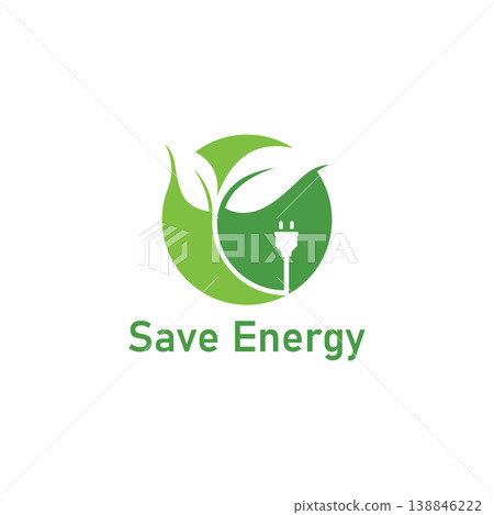Save energy symbol. Energy icon with green leaf. Eco friendly  environmentally icons. Save energy logo  label  icon  badge  sticker  symbol  banner  circle  stamp  line  vector  isolated illustration. 138846222
