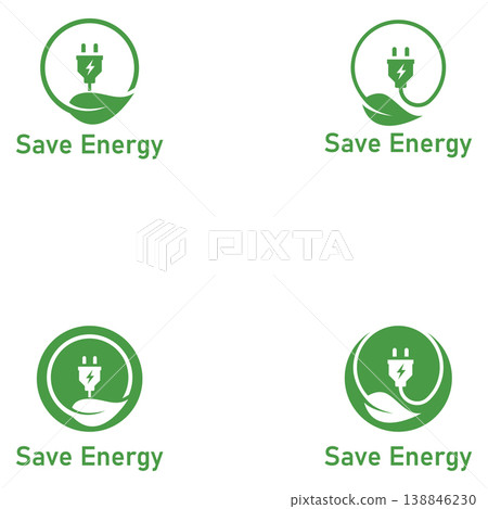 Save energy symbol. Energy icon with green leaf. Eco friendly environmentally icons. Save energy logo label icon badge sticker symbol banner circle stamp line vector isolated illustration. Save energy symbol. Energy icon with green leaf. Eco friendly environmentally icons. Save energy logo label icon badge sticker symbol banner circle stamp line vector isolated illustration. 138846230
