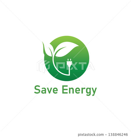 Save energy symbol. Energy icon with green leaf. Eco friendly environmentally icons. Save energy logo label icon badge sticker symbol banner circle stamp line vector isolated illustration. Save energy symbol. Energy icon with green leaf. Eco friendly environmentally icons. Save energy logo label icon badge sticker symbol banner circle stamp line vector isolated illustration. 138846246