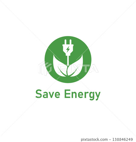 Save energy symbol. Energy icon with green leaf. Eco friendly environmentally icons. Save energy logo label icon badge sticker symbol banner circle stamp line vector isolated illustration. Save energy symbol. Energy icon with green leaf. Eco friendly environmentally icons. Save energy logo label icon badge sticker symbol banner circle stamp line vector isolated illustration. 138846249
