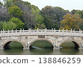 Stone Arch Bridge Over Calm Park Lake Surrounded by Lush Trees and Autumn Foliage 138846259