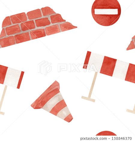 Watercolor seamless pattern with road barrier, traffic cones and red brick wall segment in red and white. Hand drawn transport themed illustration suitable for educational prints, children decor Watercolor seamless pattern with road barrier, traffic cones and red brick wall segment in red and white. Hand drawn transport themed illustration suitable for educational prints, children decor 138846370