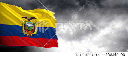 National flag of Ecuador with dark clouds, 3D rendering.	 138846400