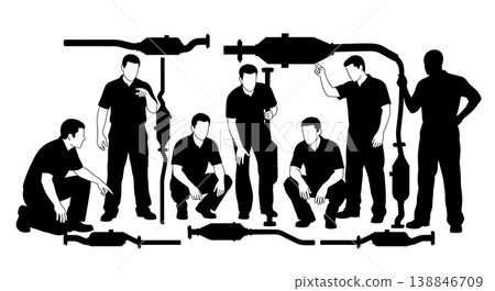 Black Solid Catalytic Converter Inspection Silhouettes Set of Six on White Background Black Solid Catalytic Converter Inspection Silhouettes Set of Six on White Background 138846709