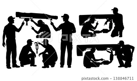 Black Solid Catalytic Converter Inspection Silhouettes Set of Six on White Background Black Solid Catalytic Converter Inspection Silhouettes Set of Six on White Background 138846711