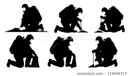 Black Solid CBRN Soil Sample Testing Technicians Silhouettes Set of Six on White Background 138846717