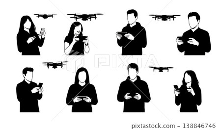 Black Solid Casual Smartphone Mini Drone Operator Silhouettes Set of Six on White Background Black Solid Casual Smartphone Mini Drone Operator Silhouettes Set of Six on White Background 138846746