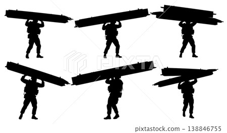 Black Solid Carrying Pontoon Bridge Part Sapper Silhouettes Set of Six on White Background 138846755
