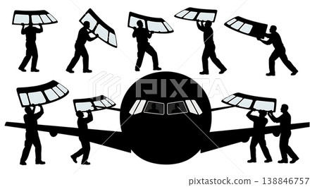 Black Solid Carrying Replacement Windshield Mechanic Silhouettes Set of Six on White Background 138846757