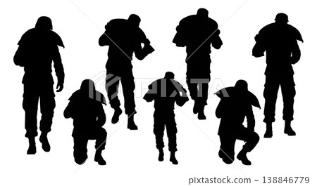 Black Solid Carrying Heavy Sandbag Shoulder Silhouettes Set of Six on White Background Black Solid Carrying Heavy Sandbag Shoulder Silhouettes Set of Six on White Background 138846779