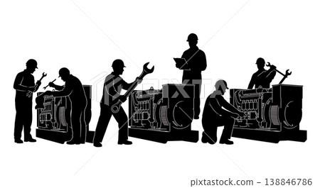 Black Solid Cargo Ship Diesel Generator Repair Silhouettes Set of Six on White Background Black Solid Cargo Ship Diesel Generator Repair Silhouettes Set of Six on White Background 138846786