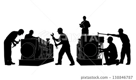 Black Solid Cargo Ship Diesel Generator Repair Silhouettes Set of Six on White Background Black Solid Cargo Ship Diesel Generator Repair Silhouettes Set of Six on White Background 138846787