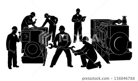 Black Solid Cargo Ship Diesel Generator Repair Silhouettes Set of Six on White Background 138846788