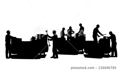 Black Solid Cargo Ship Diesel Generator Repair Silhouettes Set of Six on White Background Black Solid Cargo Ship Diesel Generator Repair Silhouettes Set of Six on White Background 138846789