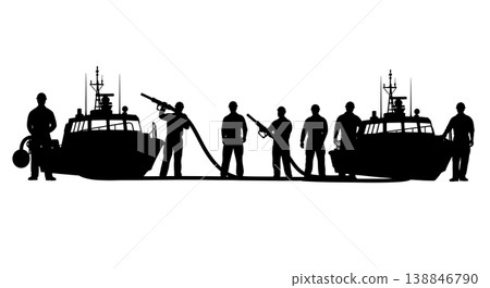 Black Solid Aircraft Carrier Catapult Testing Mechanics Silhouettes Set of Six on White Background Black Solid Aircraft Carrier Catapult Testing Mechanics Silhouettes Set of Six on White Background 138846790