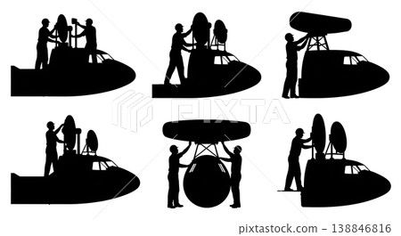 Black Solid Calibrating Weather Radar Dish Engineer Silhouettes Set of Six on White Background 138846816