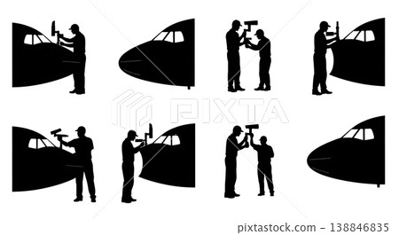 Black Solid Calibrating Angle Attack Sensor Technician Silhouettes Set of Six on White Background 138846835
