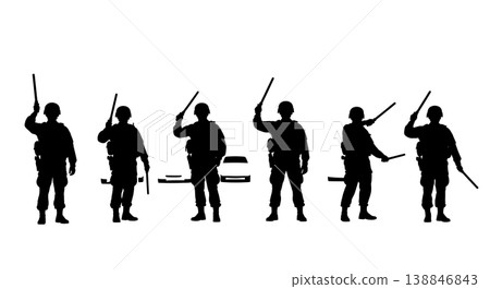 Black Solid Busy Intersection Traffic Direction Silhouettes Set of Six on White Background 138846843