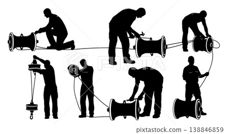 Black Solid Broken Roller Furling Drum Repair Silhouettes Set of Six on White Background Black Solid Broken Roller Furling Drum Repair Silhouettes Set of Six on White Background 138846859
