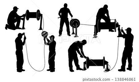 Black Solid Broken Roller Furling Drum Repair Silhouettes Set of Six on White Background Black Solid Broken Roller Furling Drum Repair Silhouettes Set of Six on White Background 138846861