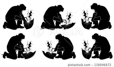 Black Solid Broken Aluminum Skeg Welding Silhouettes Set of Six on White Background Black Solid Broken Aluminum Skeg Welding Silhouettes Set of Six on White Background 138846872