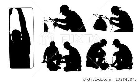 Black Solid Broken Bilge Pump Replacement Silhouettes Set of Six on White Background Black Solid Broken Bilge Pump Replacement Silhouettes Set of Six on White Background 138846873