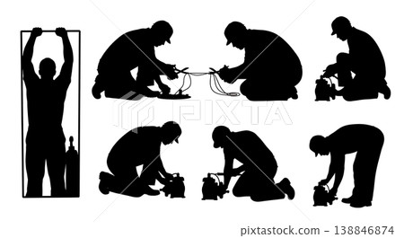 Black Solid Broken Bilge Pump Replacement Silhouettes Set of Six on White Background 138846874