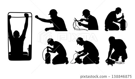 Black Solid Broken Bilge Pump Replacement Silhouettes Set of Six on White Background 138846875