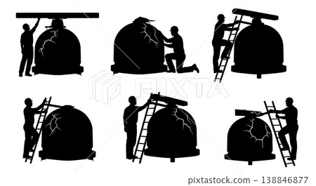 Black Solid Broken Marine Radar Dome Repair Silhouettes Set of Six on White Background Black Solid Broken Marine Radar Dome Repair Silhouettes Set of Six on White Background 138846877