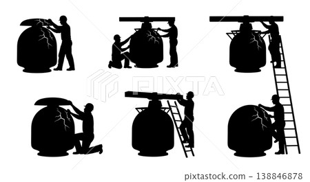 Black Solid Broken Marine Radar Dome Repair Silhouettes Set of Six on White Background 138846878