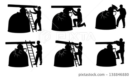 Black Solid Broken Marine Radar Dome Repair Silhouettes Set of Six on White Background Black Solid Broken Marine Radar Dome Repair Silhouettes Set of Six on White Background 138846880