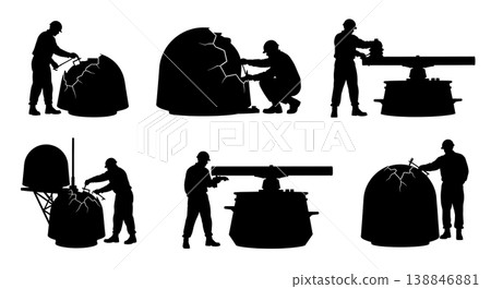 Black Solid Broken Marine Radar Dome Repair Silhouettes Set of Six on White Background Black Solid Broken Marine Radar Dome Repair Silhouettes Set of Six on White Background 138846881