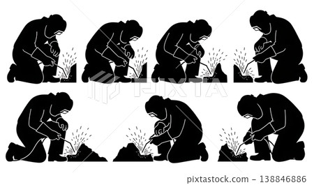 Black Solid Broken Aluminum Skeg Welding Silhouettes Set of Six on White Background Black Solid Broken Aluminum Skeg Welding Silhouettes Set of Six on White Background 138846886