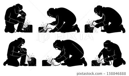 Black Solid Broken Aluminum Skeg Welding Silhouettes Set of Six on White Background Black Solid Broken Aluminum Skeg Welding Silhouettes Set of Six on White Background 138846888
